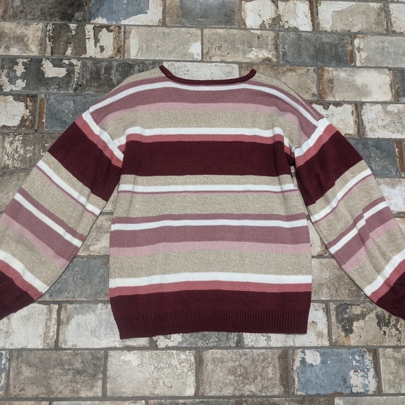 Thyme + Honey Women's Medium Pink/Brown Stripes Crewneck Relaxed Fit Sweater - Picture 3 of 7